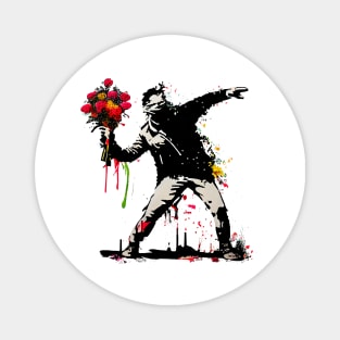 Captivating Banksy-Inspired Artwork: Man Flowers colorful Magnet